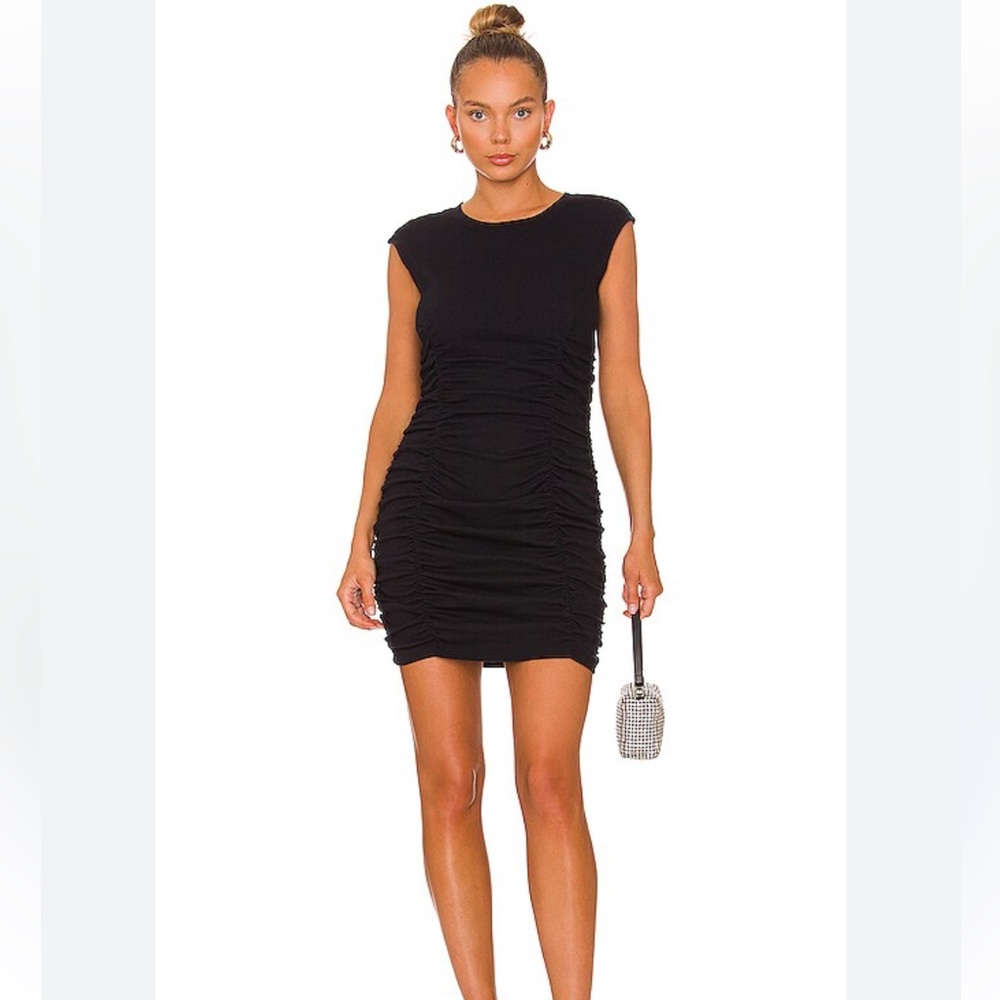 Monrow Modal Rib Sleeveless Shirred Black Mini Dress - M